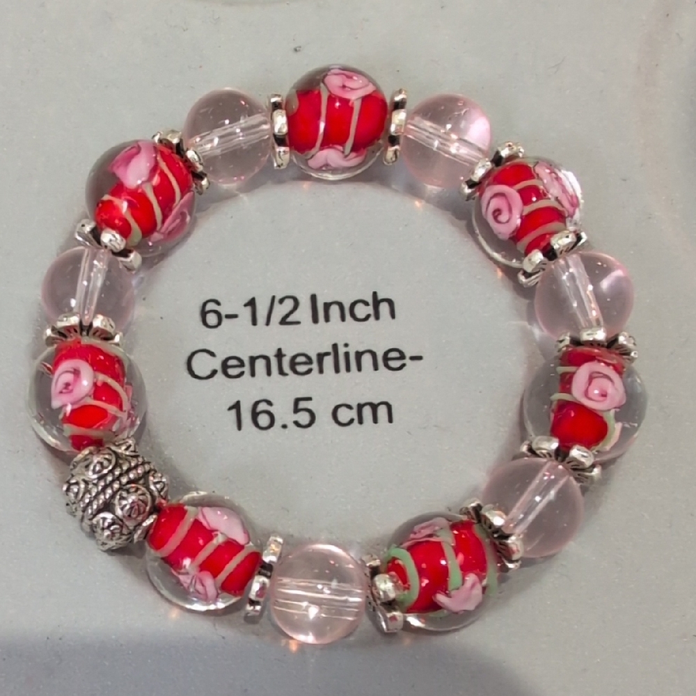 Handmade Glasswork Floral Pink and Red Beaded Stretch Bracelet 6.5" - Picture 2 of 4